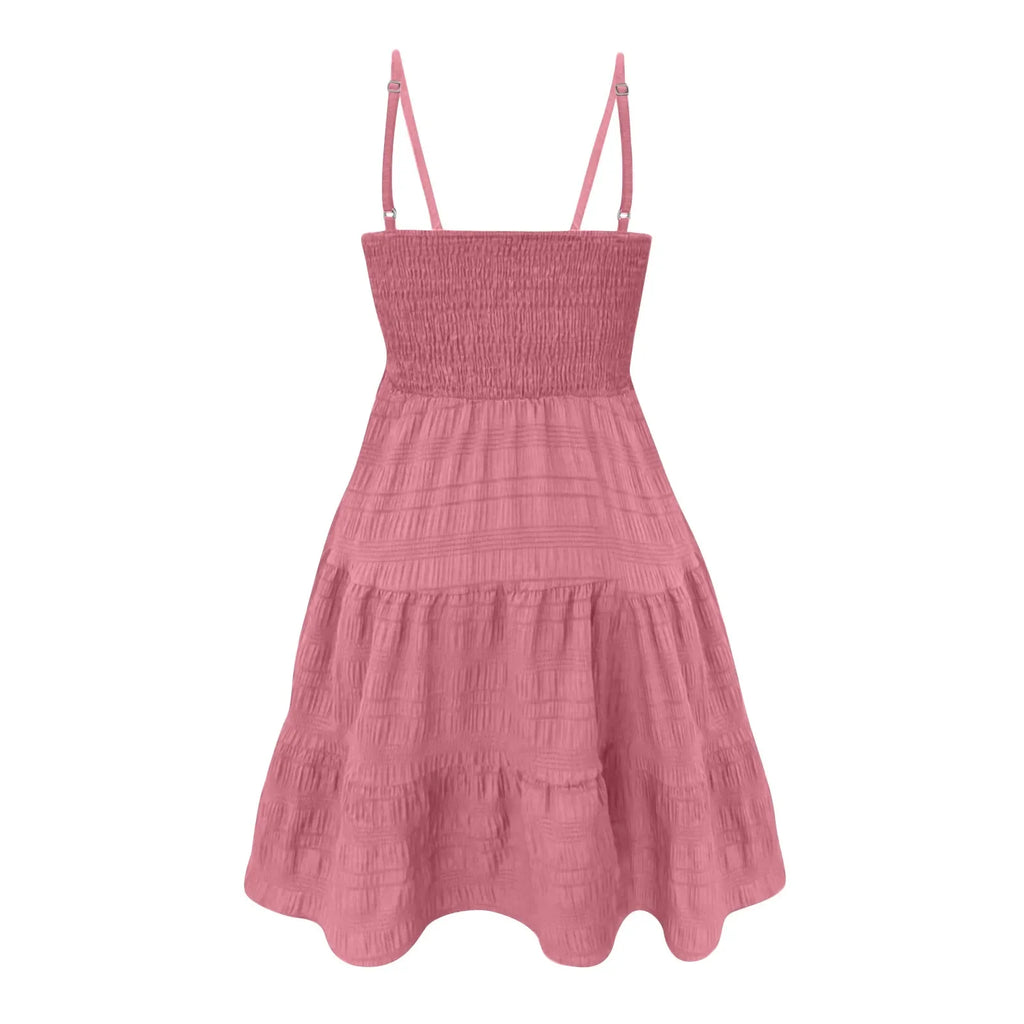 Bohemian Beach Sundress Women Sexy Sleeveless Backless Big Swing Mini Dress Solid Spaghetti Strap Ruffles Dress Summer Vestidos