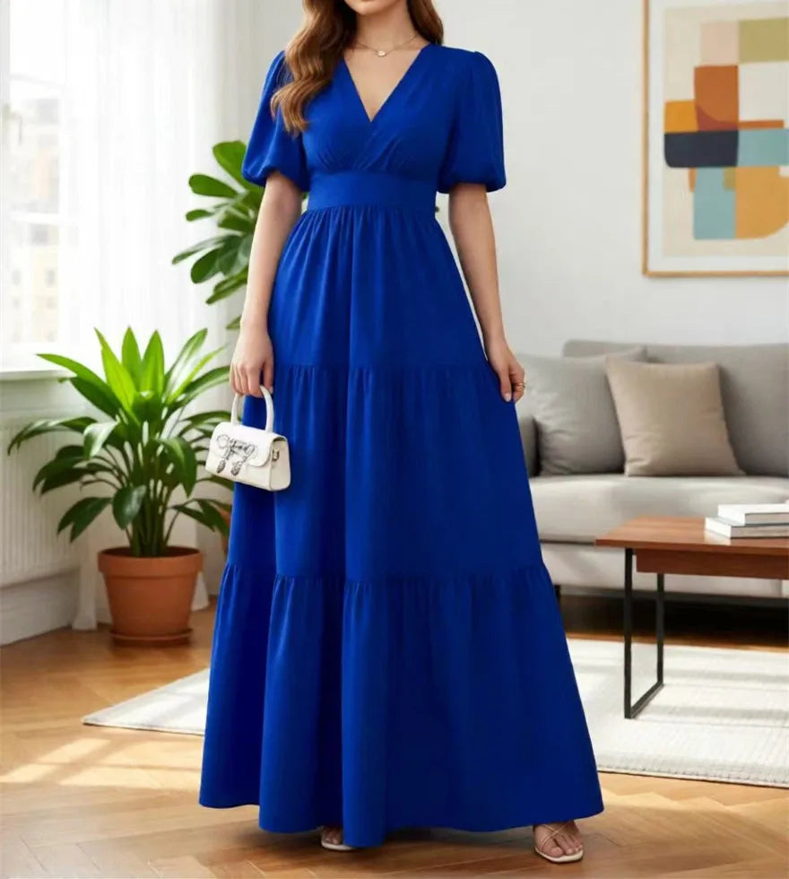 New Spring/Summer Fashion Casual Short Sleeve V-neck Solid Color Slim Fit Ankle Length Patchwork Fit And Flare Dress,2 Colors