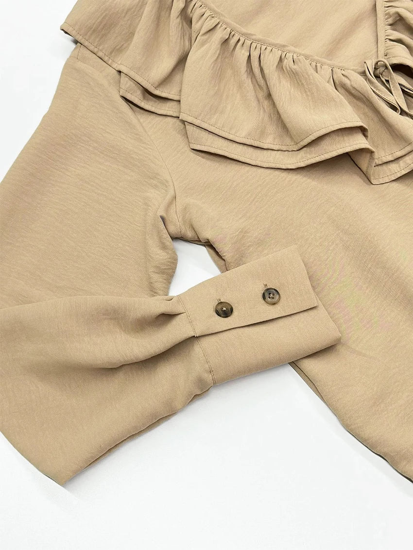Parc Fee Fashion Loose Khaki Women's Dress Sexy V-Neck Long Sleeve Ankle Length Dresses Elegant Classic Ruffles Female Dress