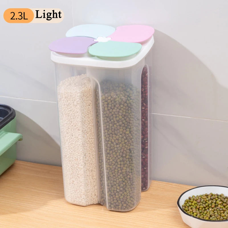 Caja de almacenamiento de cereales para cocina, de plástico, con 4 compartimentos, tarro sellado para cereales, recipiente para alimentos, tanque de grano a prueba de humedad, caja para mantener frescos los espaguetis