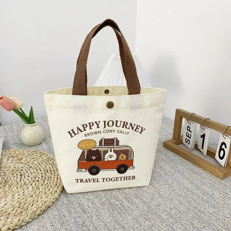 Bear Shape Canvas Tote Bag For Women Cute Mini Handheld Lunch Bag Student School Bag Gift Bag