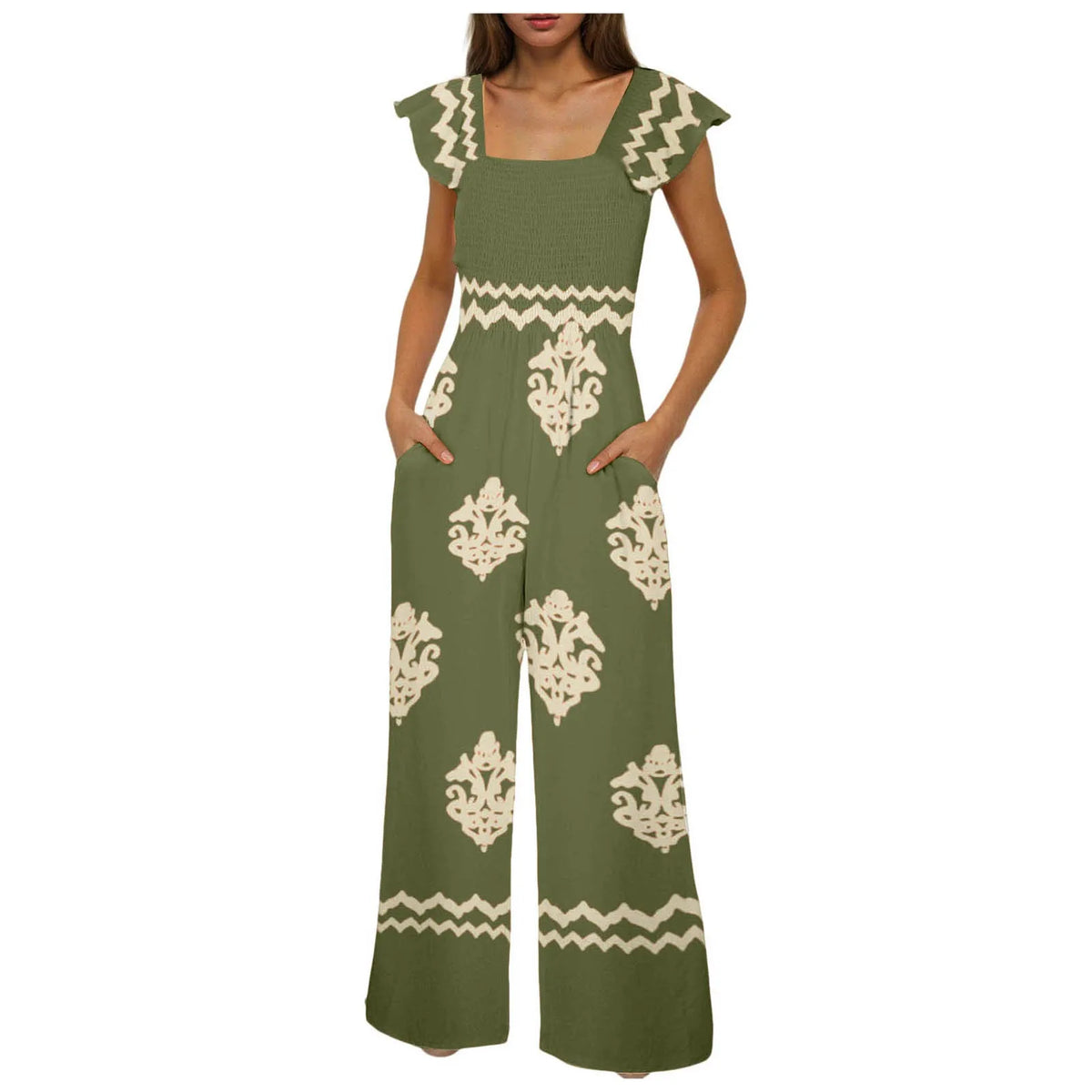 Womens Beach Vacation Tight Jumpsuits Boho Retro Print Cap Sleeve High Waist Wide Leg Romper With Casual Jumpsuits With Pockets
