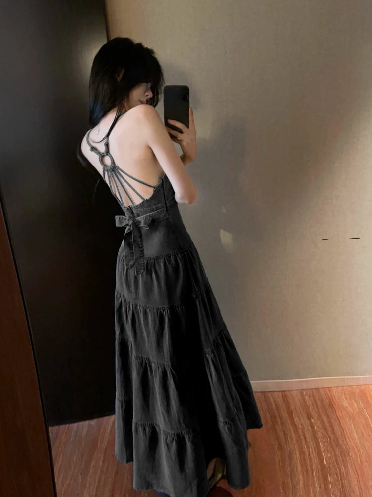 Y2k Women Dresses Spring Summer Ruffles Sleeveless Vintage Vestidos Mujer Korean Fashion Sexy V Neck A-line Long Dress