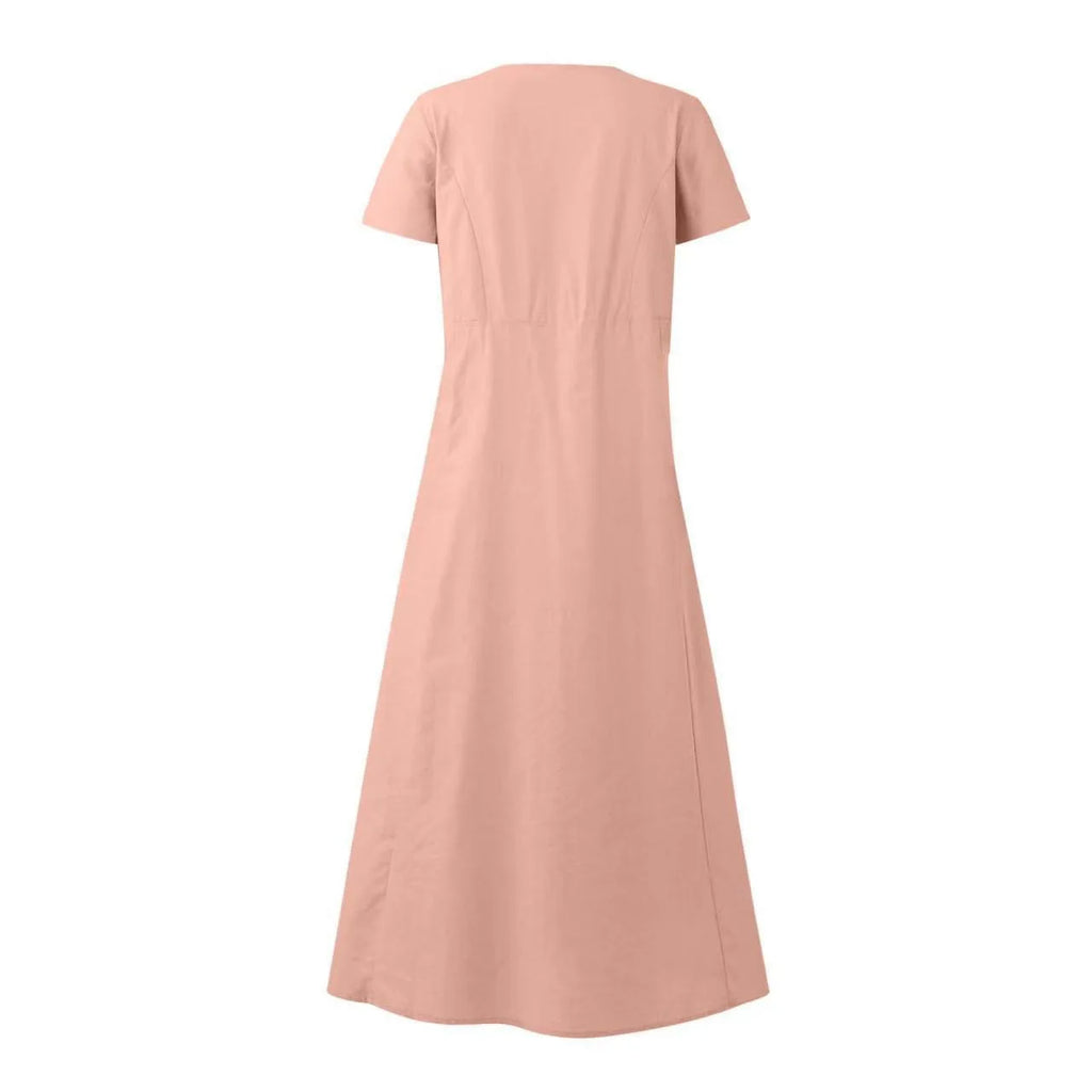 Women Solid Cotton Linen Round Neck Short Sleeve Loose Flowy Maxi Dress EU US Gown