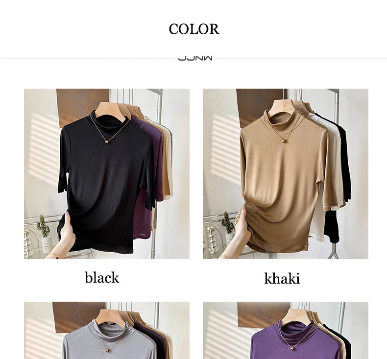 2026 Women's Spring/Summer New 100% Natural Mulberry Silk (Knitted) Basic Solid Color Half High Neck Mid Sleeve Bottom Shirt