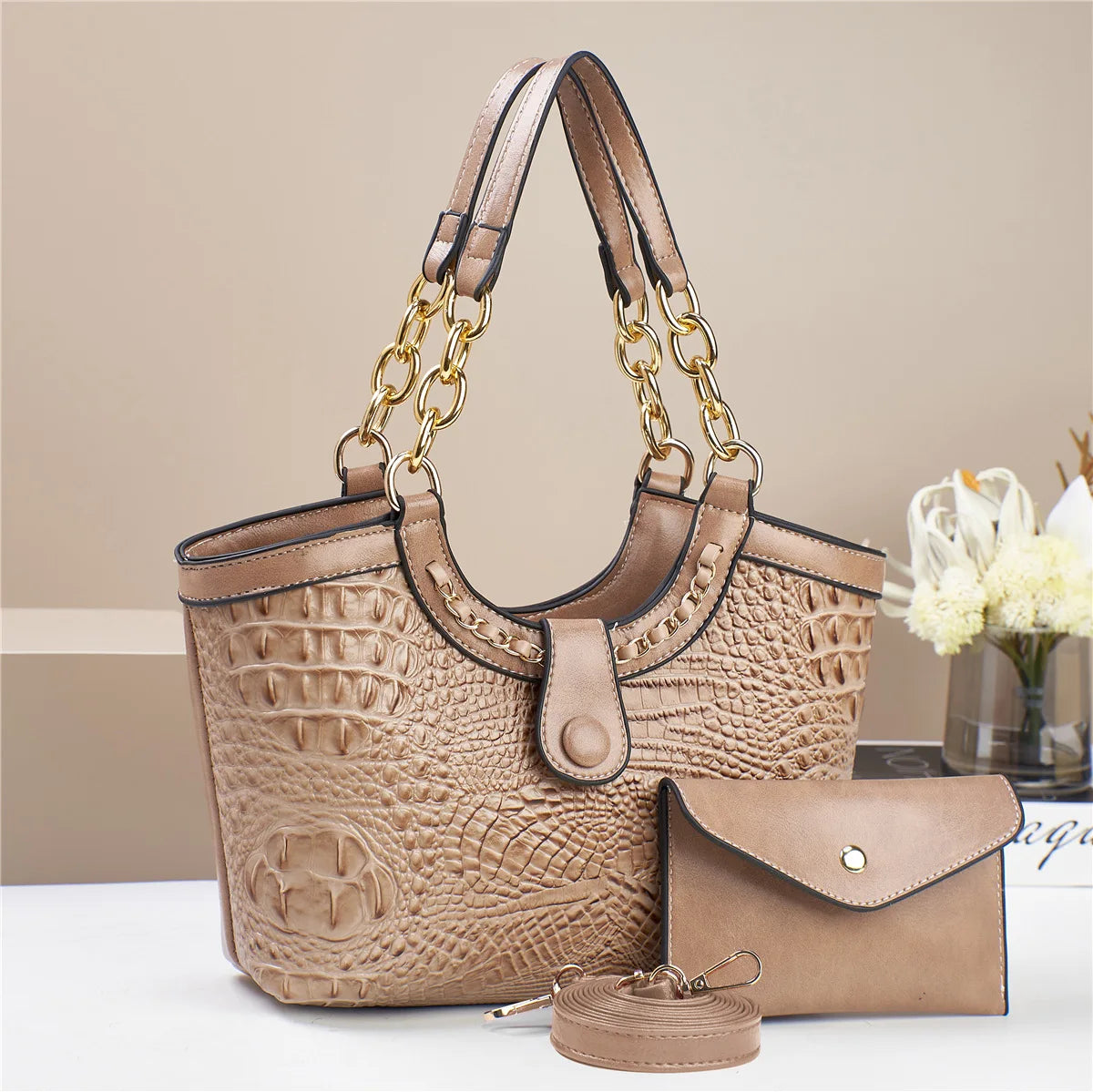 2-Piece Women's Crocodile Pattern Handbag and Shoulder Bag Set