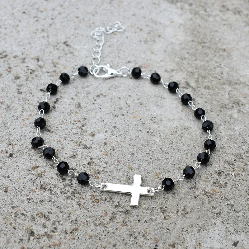 Pulsera de Cruz para Mujer, Ajustable, Cadena de Cuentas Negras, Conjunto de Regalo de Joyería Cristiana