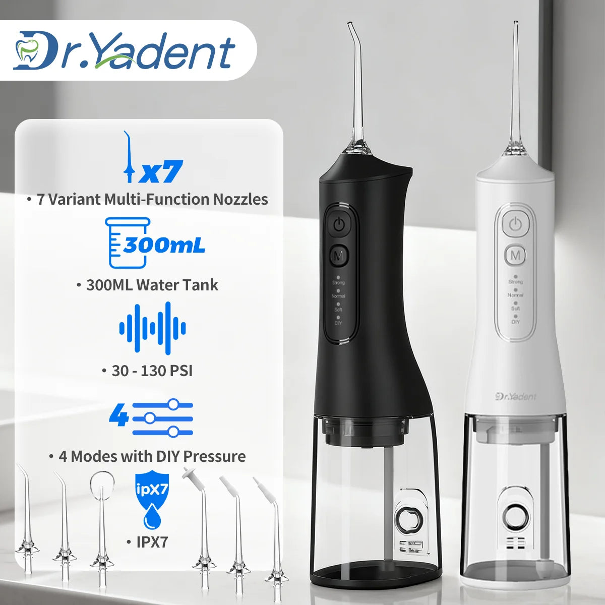 Dr.Yadent YD06 Irrigador Bucal Inalámbrico con Hilo Dental de Agua 300ML Chorro de Agua Portátil Carga Rápida USB-C 7 Boquillas 4 Modos IPX7 Impermeable