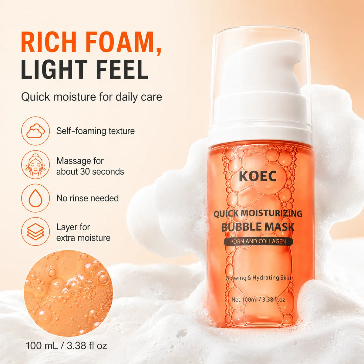 KOEC Quick Moisturizing Bubble Mask - Collagen Face Mask, PDRN & Glycerin in Bubbles for Glowing, Hydrated Skin, Improves Dry Skin, Glass Skin Mask & Bubble Face Mask, 3.38 fl.oz