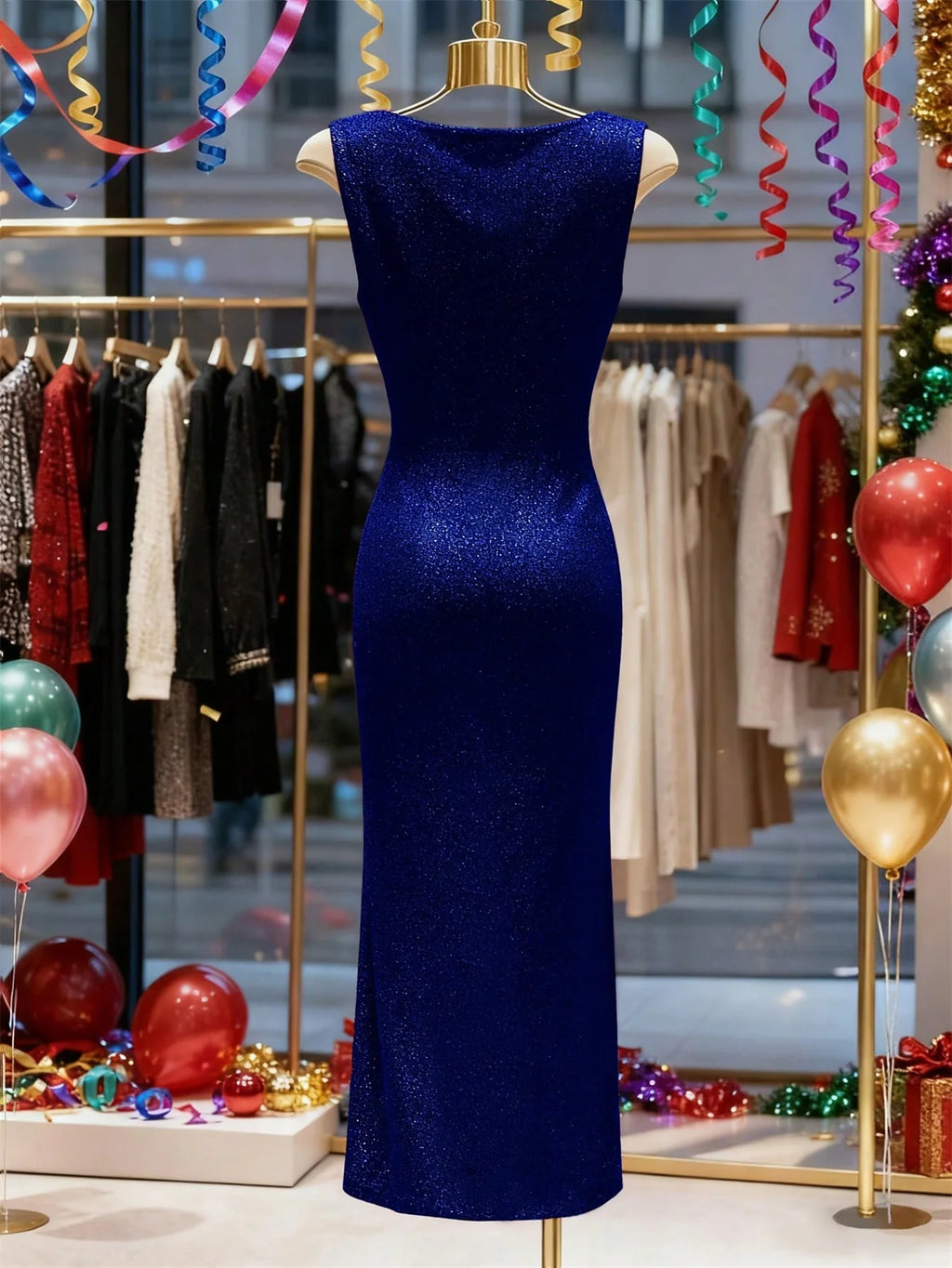 Summer Fashion New Arrivals: Elegant, Sleeveless, Sparkling, Body-Con Plunge Dress Evening Gown