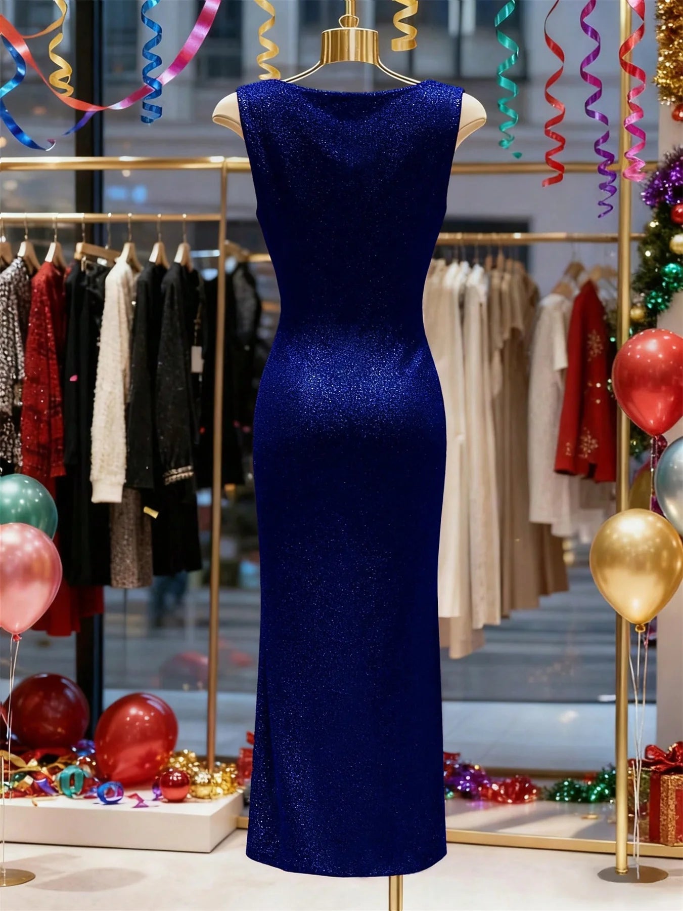 Summer Fashion New Arrivals: Elegant, Sleeveless, Sparkling, Body-Con Plunge Dress Evening Gown