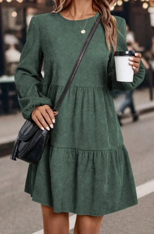 Women's Long Sleeve Tiered Ruffle Mini Dress, Casual Round Neck Solid Color Swing A-Line Dress for Autumn Winter Daily Wear