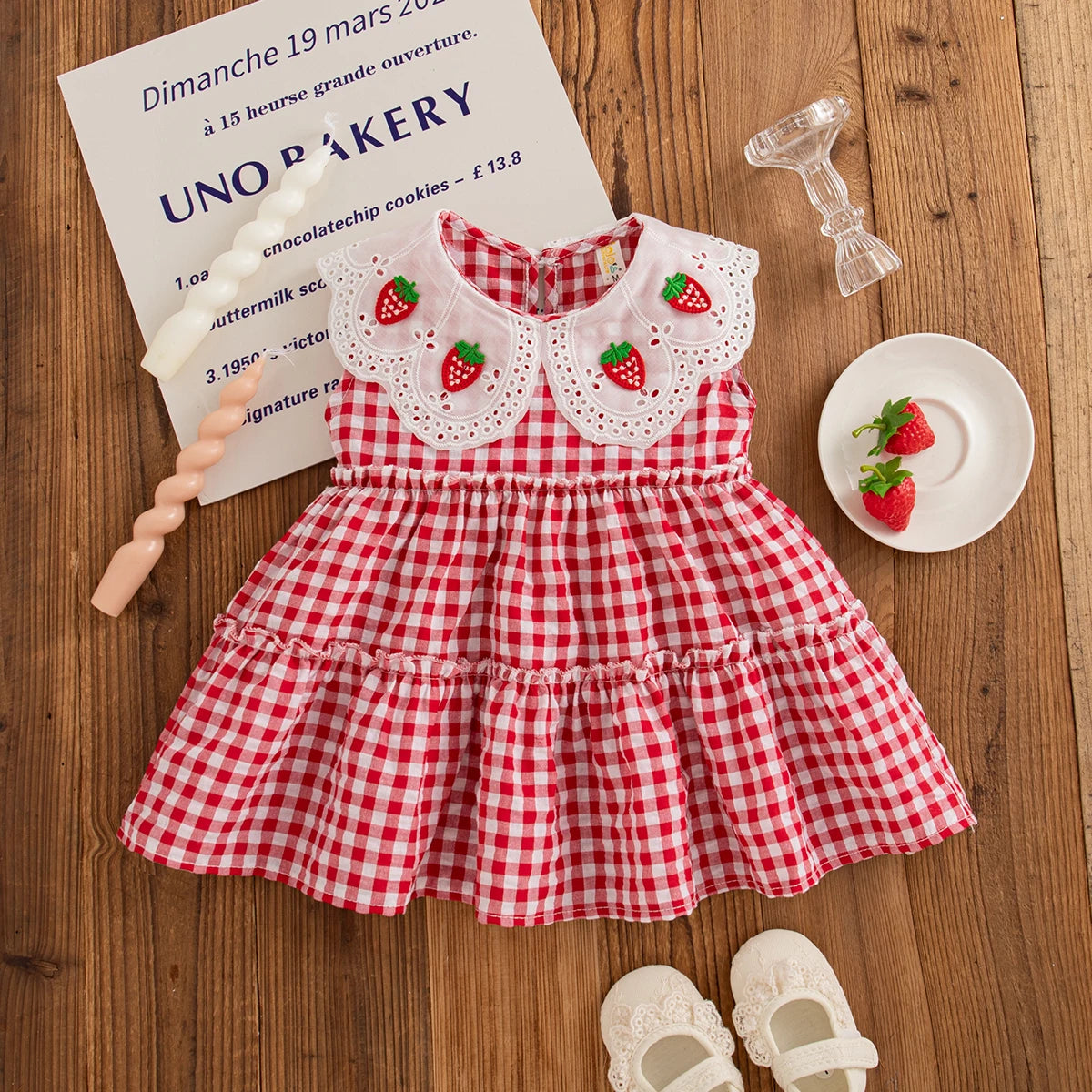 Summer New Baby Girl Plaid Dress Cute Red Strawberry Children'S Clothing (6 Months -3 Years Old)