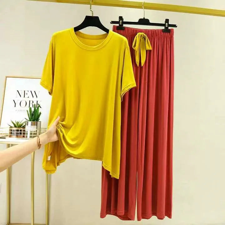 DIDUQIPAO Women's Modal Pajama Set - Short Sleeve Shirt & Pants