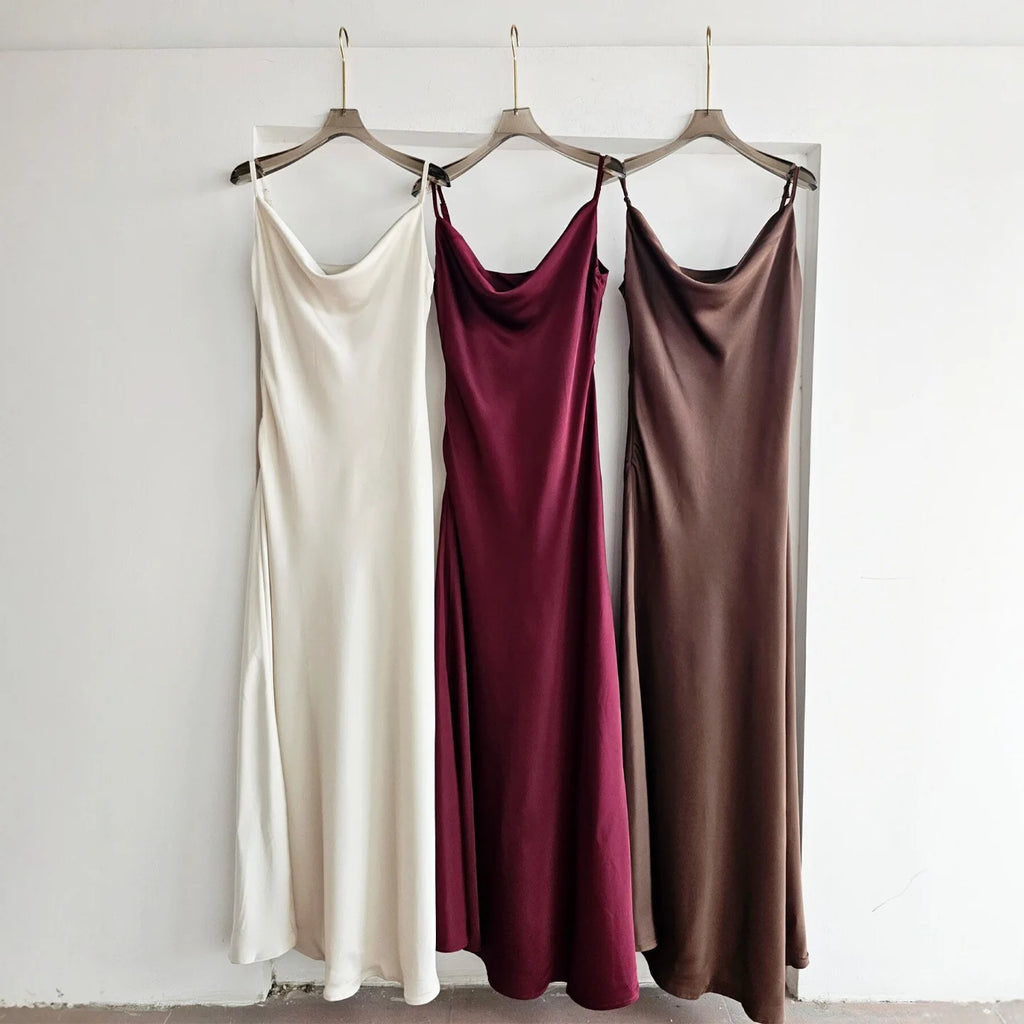 Acetate Satin Long Dress Women's Vacation Gown U-Neck Strapless Luxury Elegant Draped Skirt Three-Dimensional Effect Dyed