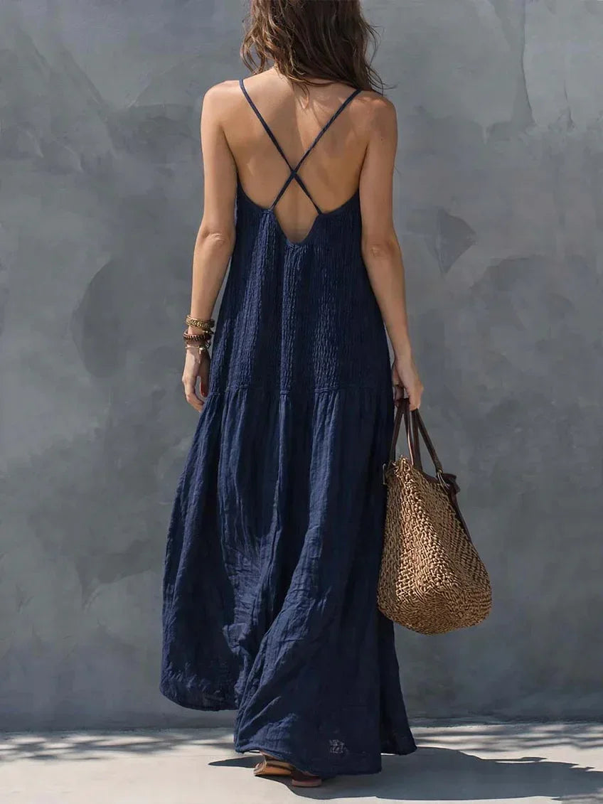 Spaghetti Strap V Neck Maxi Dress Smocked Bust Loose Wide Hem Coastal Style Getaway Wear Sleeveless Beach Long Sundress