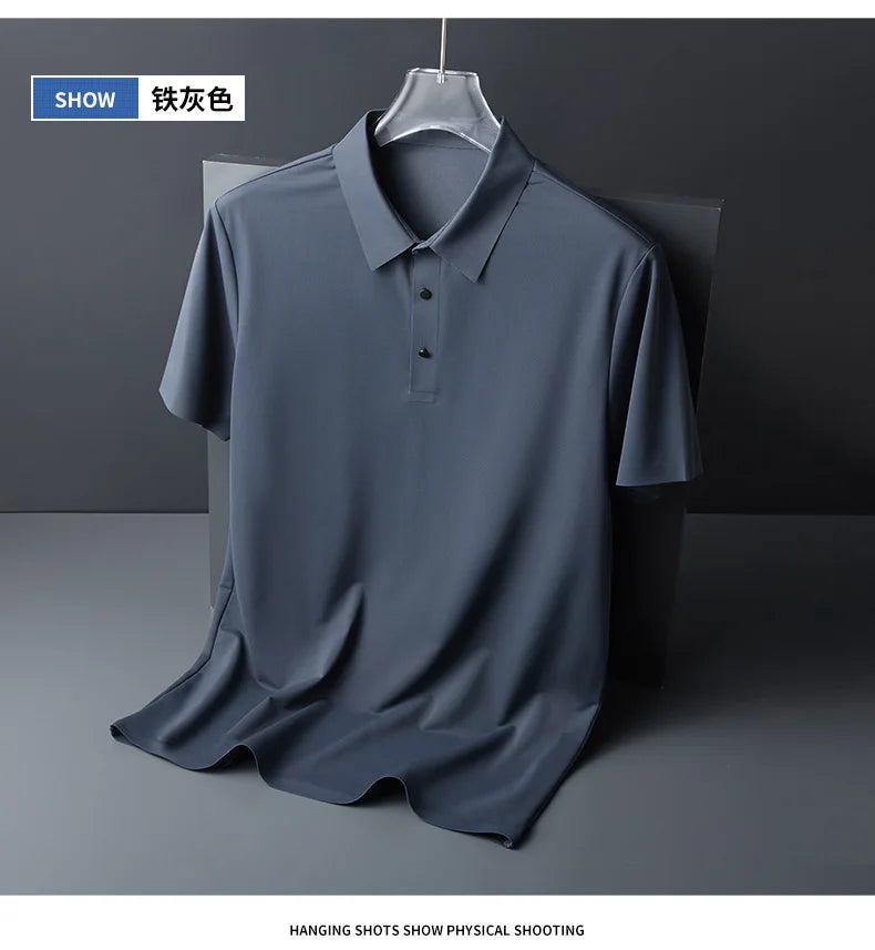 Ice Silk Traceless T-shirt Men's Light Business Solid Color Half Sleeve Top Silk Smooth Breathable Traceless POLO Shirt