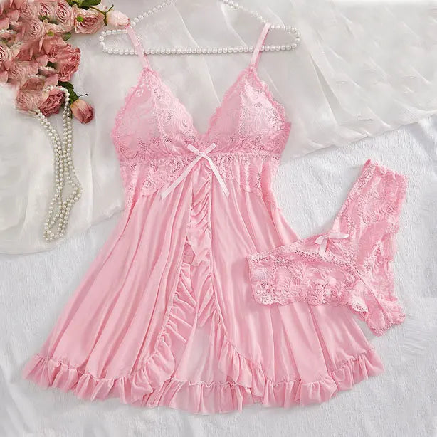 Women's Lace Nightdress Sleepwear Solid Slim Soft V Neck Full Slip Dress