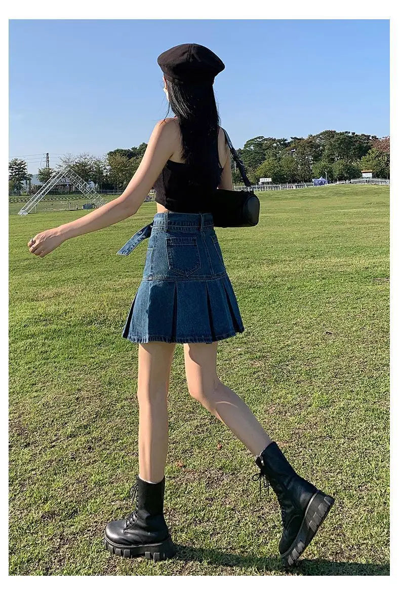 Retro American Blue Hot Girl Pleated Denim  Skirt Women's Summer New Pure Desire A-Line High Waist Short Skirt