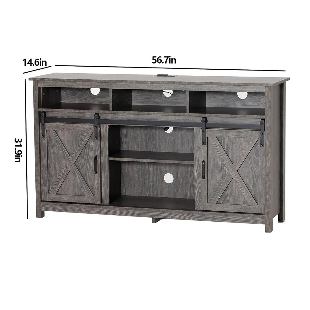 57" Farmhouse TV Stand with LED Lights, Power Outlets & Barn Doors