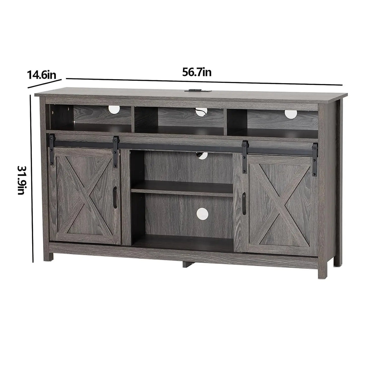 57" Farmhouse TV Stand with LED Lights, Power Outlets & Barn Doors