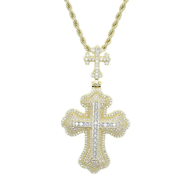 Moissanite Cross Pendant Necklace 14K Gold Long Chain Unisex Jewelry For Women And Men