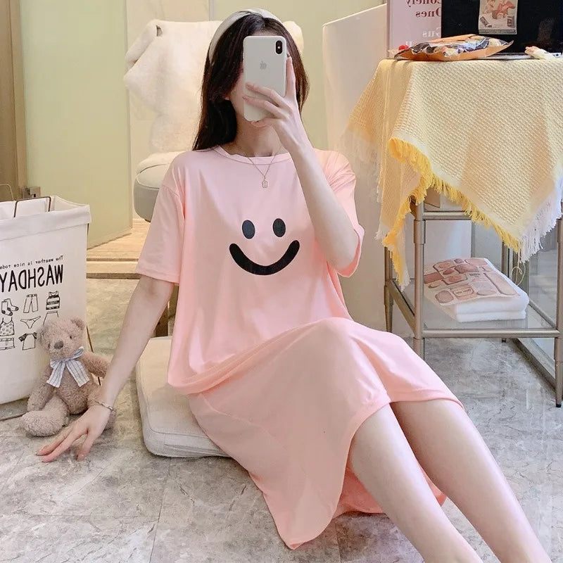 Summer Women Nightgown Lady Casual Short-sleeve Long Dress Loose Girl Loungewear Student Dress Outside Woman Casual Home Dress