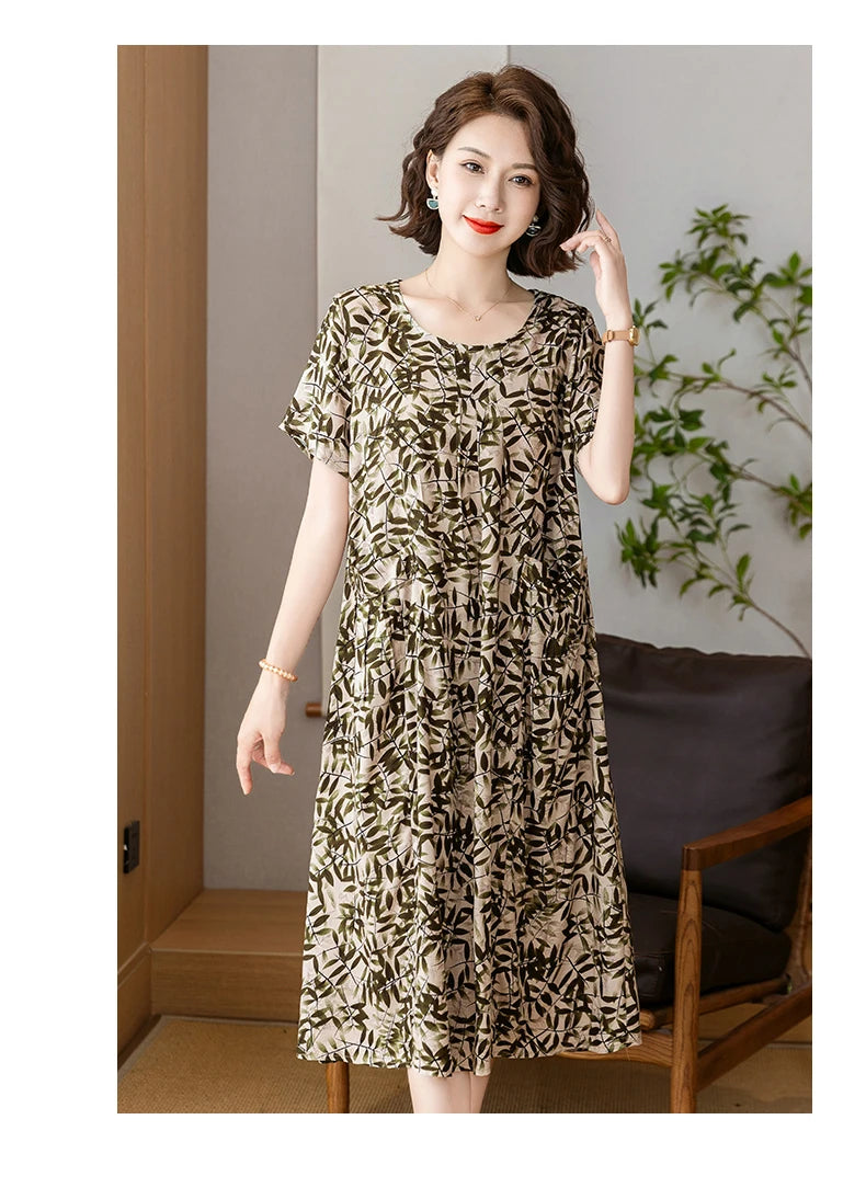 New 2025 Summer Dress Long Vintage Loose Women Elegant Sundress Dress Casual O-neck Dresses Print Plus Size