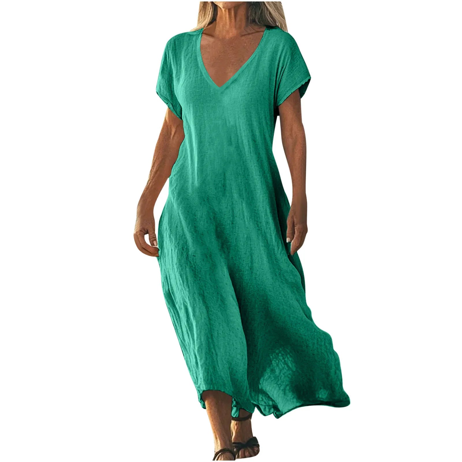 Independent Station Loose Solid Color V-neck Cotton and Linen Women's Dress
