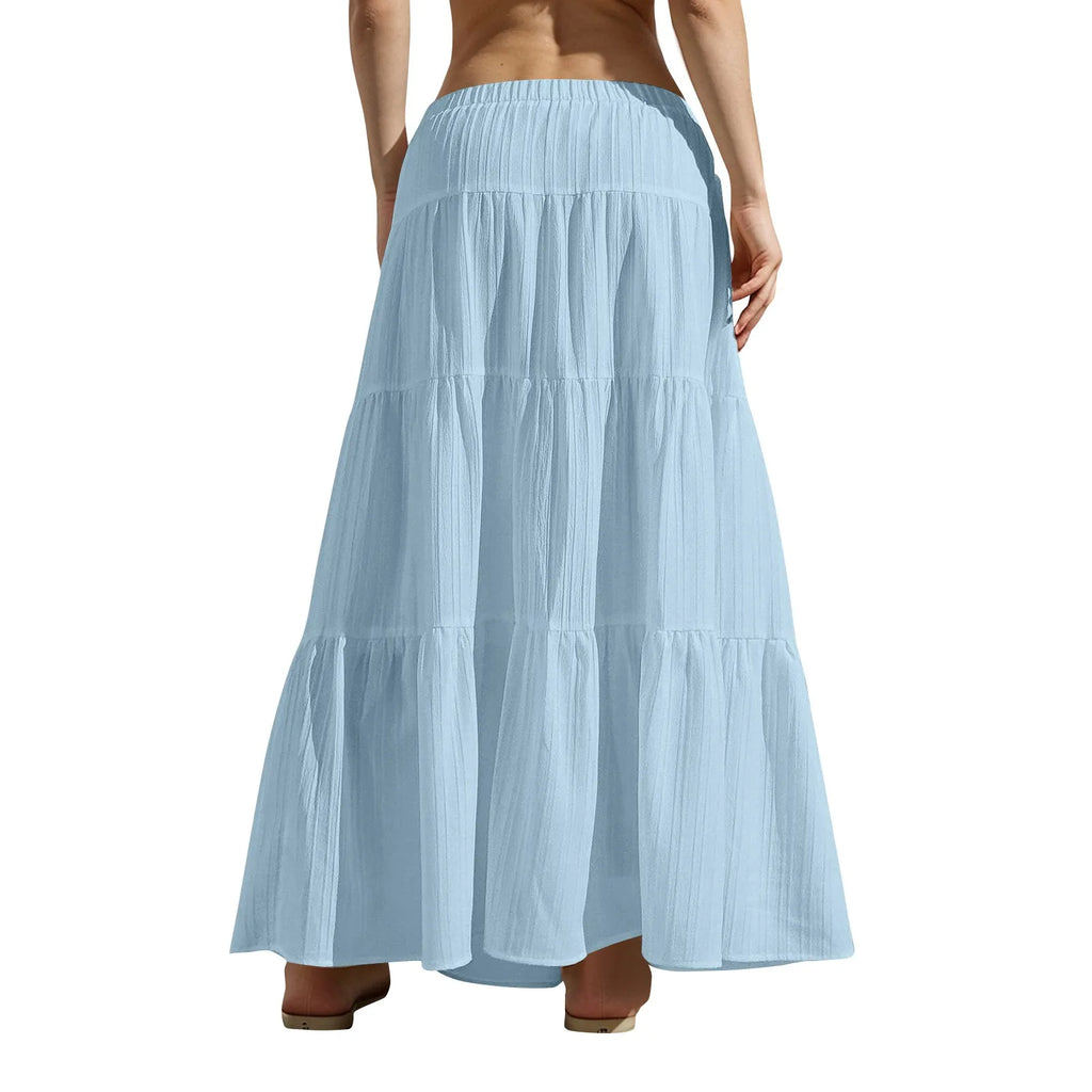 Women's Flared Ruffle Hem Maxi Skirt Fashion Women Solid Long Skirts Elastic Waist Elegant Long Skirt Spring Summer Cake Dress