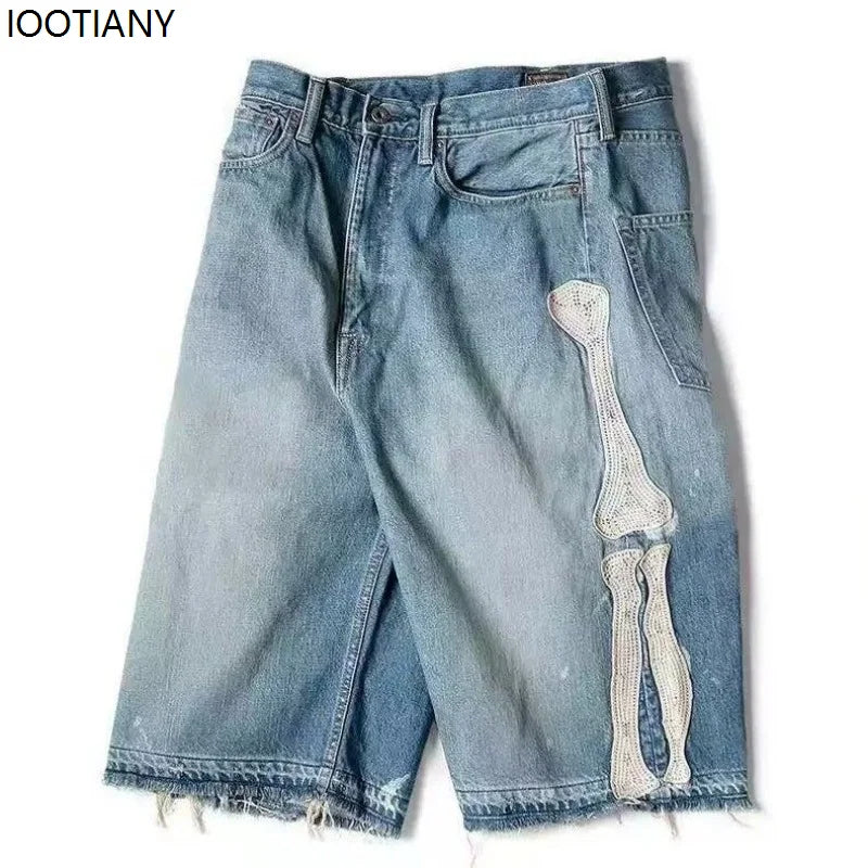 Y2k Retro Harajuku Denim Shorts Women's Washed Patchwork Tassel American Retro Jeans Men's Loose Hip-hop Bone Denim Shorts 2025