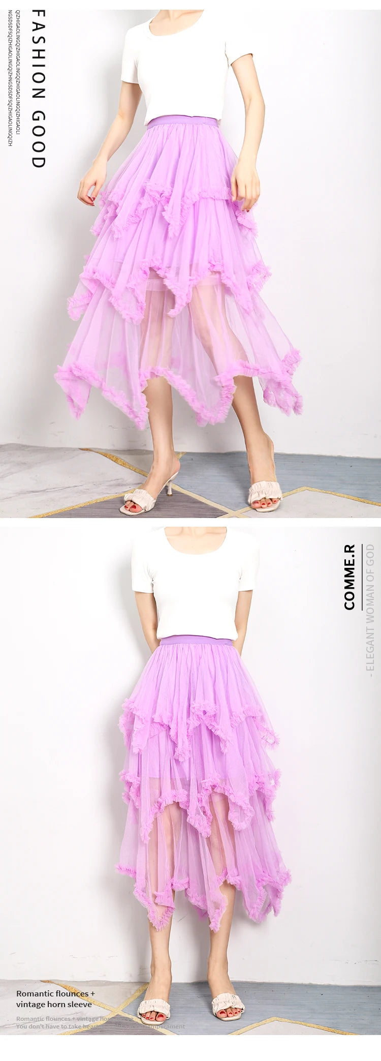 Sweetheart Fairy Dreamy Asymmetrical Tulle Skirt, High Waist A-Line Midi Layered Skirts for Women