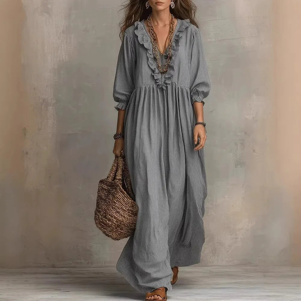 2026 New European and American Independent Website Striped Ruffled Loose High-Waisted V-Neck Fashion Casual Dress