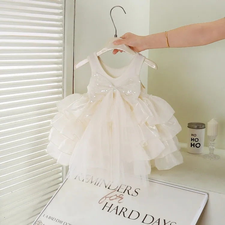 Girls Dress Temperament Princess Dress Sleeveless 2026 Summer New Girls Sequin Sweet Bow Puff Mesh Dress