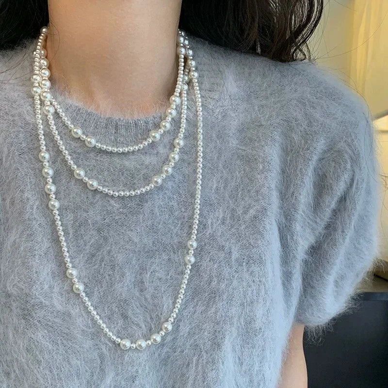 Vintage Long Multi Layered Pearl Necklace for Women Elegant Sweet Collar Chain Sweater Chain Necklaces Luxury Jewelry Gifts