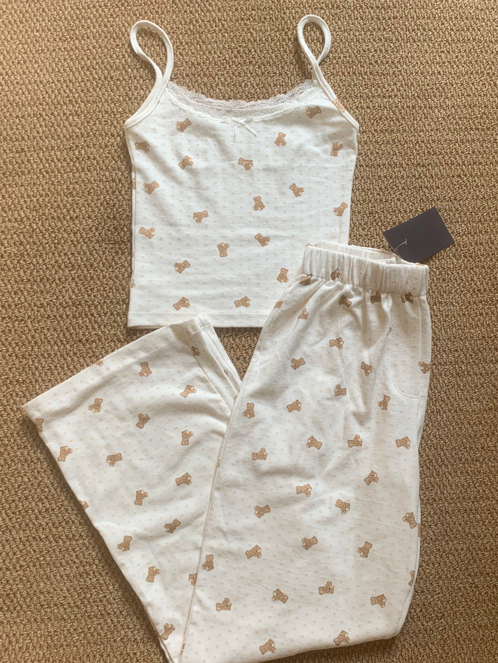 Striped Pink Vest Pants 2 Pieces Set Pajama Woman Lace Trim Bow Slim Tank Top High Waist Straight Long Pant Cotton Sweet Sets