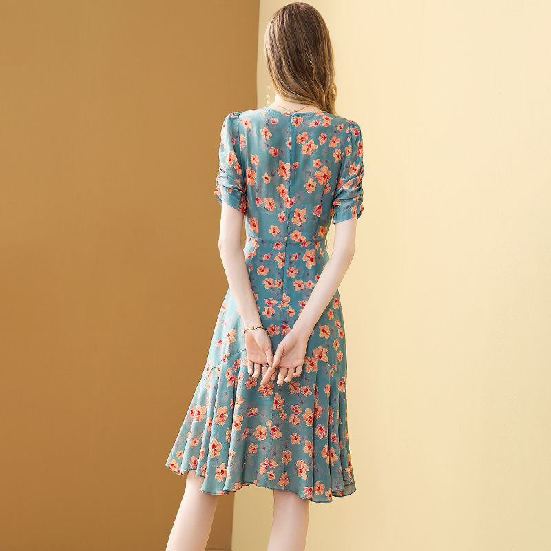 Women's Summer Floral Chiffon Lotus Leaf Dress 2021 New Fashion Print Temperament Belt Chic Female Dress Vestido Feminino Dress