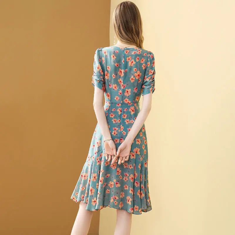 Women's Summer Floral Chiffon Lotus Leaf Dress 2021 New Fashion Print Temperament Belt Chic Female Dress Vestido Feminino Dress