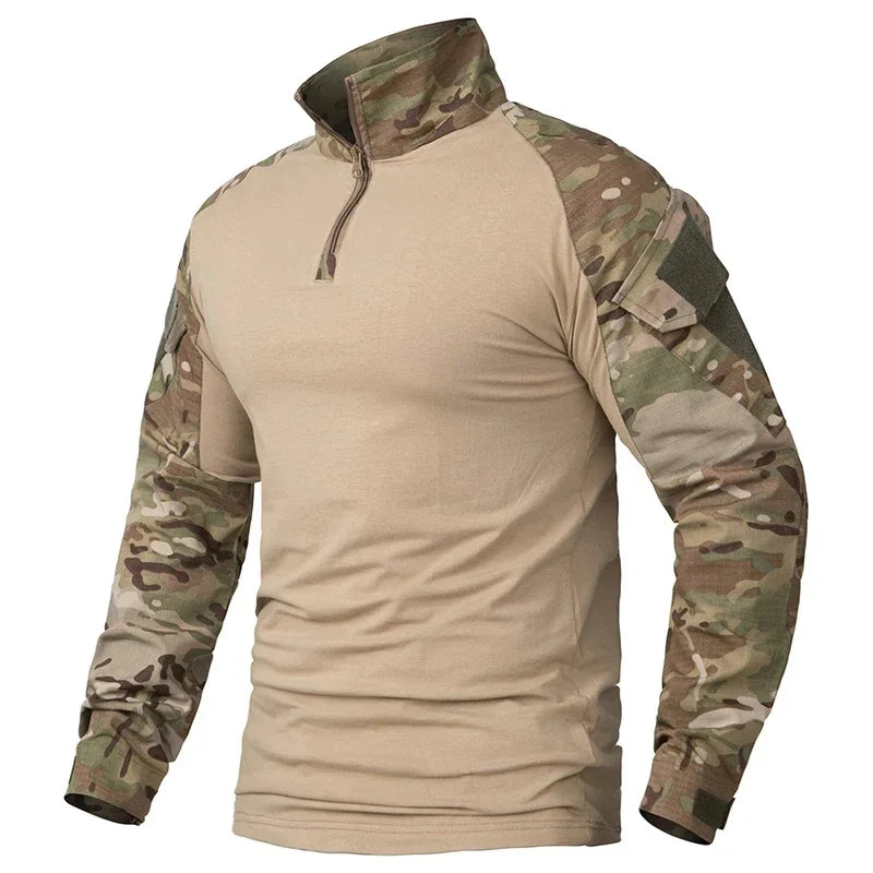 Outdoor Long Sleeve Tactical Shirts Combat Shirt 1/4 Zipper Ripstop Cotton Wear-Resisting Camo Airsoft T Shirts Men Clothing