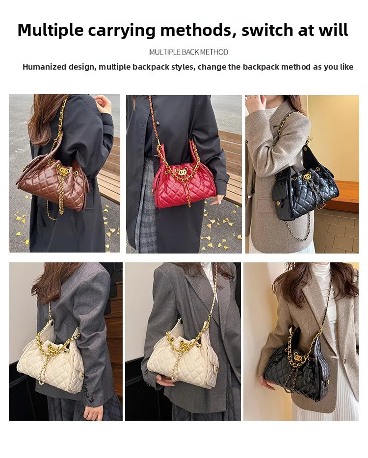 Quilted shoulder underarm bag, large-capacity hobo bag, bucket drawstring chain crossbody bag, women's handbag