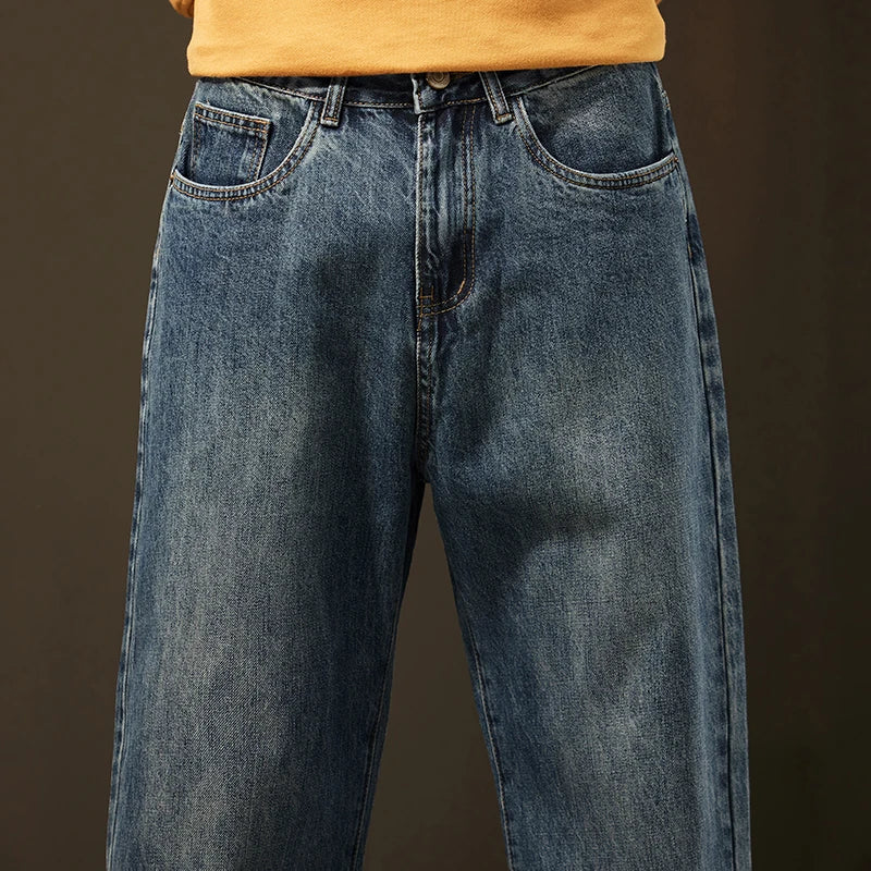 Winter Jeans Warm Fleece Thick Men's Wide Legs Denim Pants Fashion Loose Straight Retro Plush Velvet Casual Trousers Streetwear