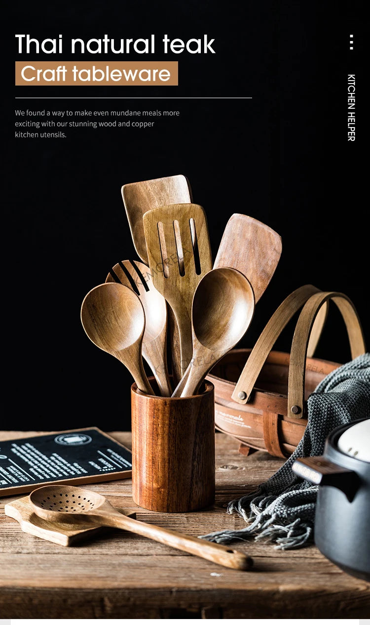 Cucharas de madera para cocinar de 9 piezas, utensilios de madera para cocinar con soporte para utensilios, juego de utensilios de cocina de madera de teca