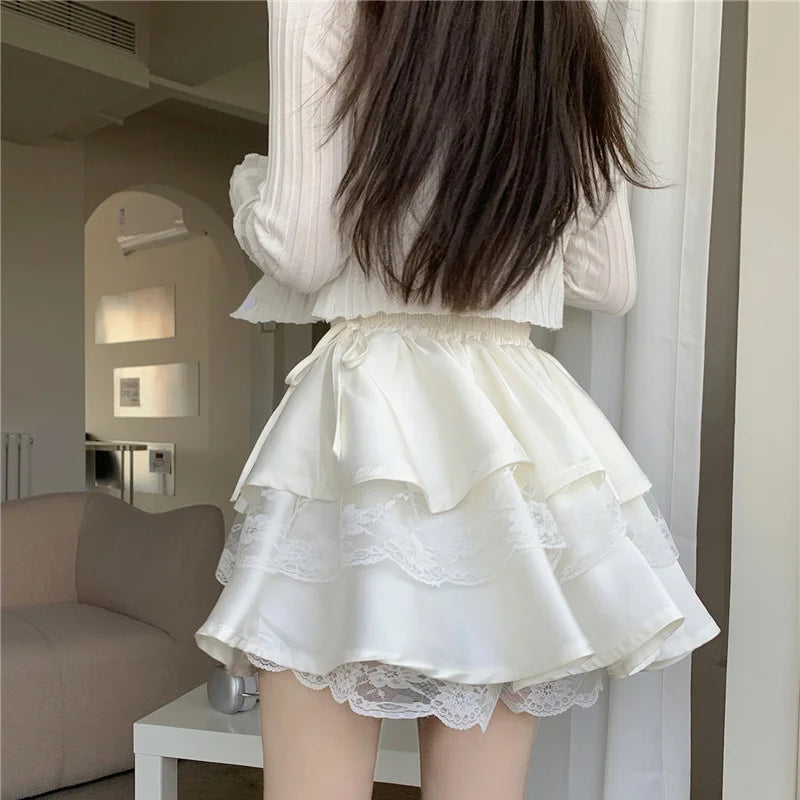 White Mini Skirts Women Lace Patchwork Sweet Ball Gown Sexy French Style Ruched Ruffled High Waist Summer Layered Romantic Gril