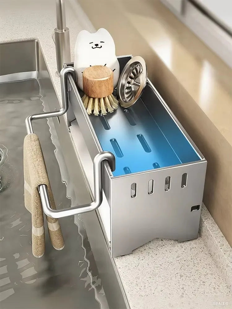 Estante de Esponja de Acero Inoxidable para Cocina, Estante de Drenaje para Trapos de Fregadero Doméstico, Estante de Almacenamiento Multifuncional para Estropajos y Bolas de Acero