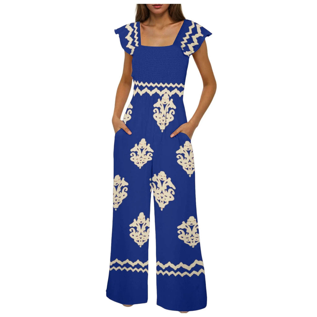 Womens Beach Vacation Tight Jumpsuits Boho Retro Print Cap Sleeve High Waist Wide Leg Romper With Casual Jumpsuits With Pockets