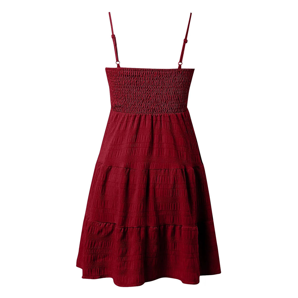 Bohemian Beach Sundress Women Sexy Sleeveless Backless Big Swing Mini Dress Solid Spaghetti Strap Ruffles Dresses Vestidos