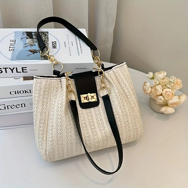 Grass Woven Patchwork Leather Korean Version Shoulder Bag Fashionable Women's Woven Handbag Suitable for Beach Parties Occasion