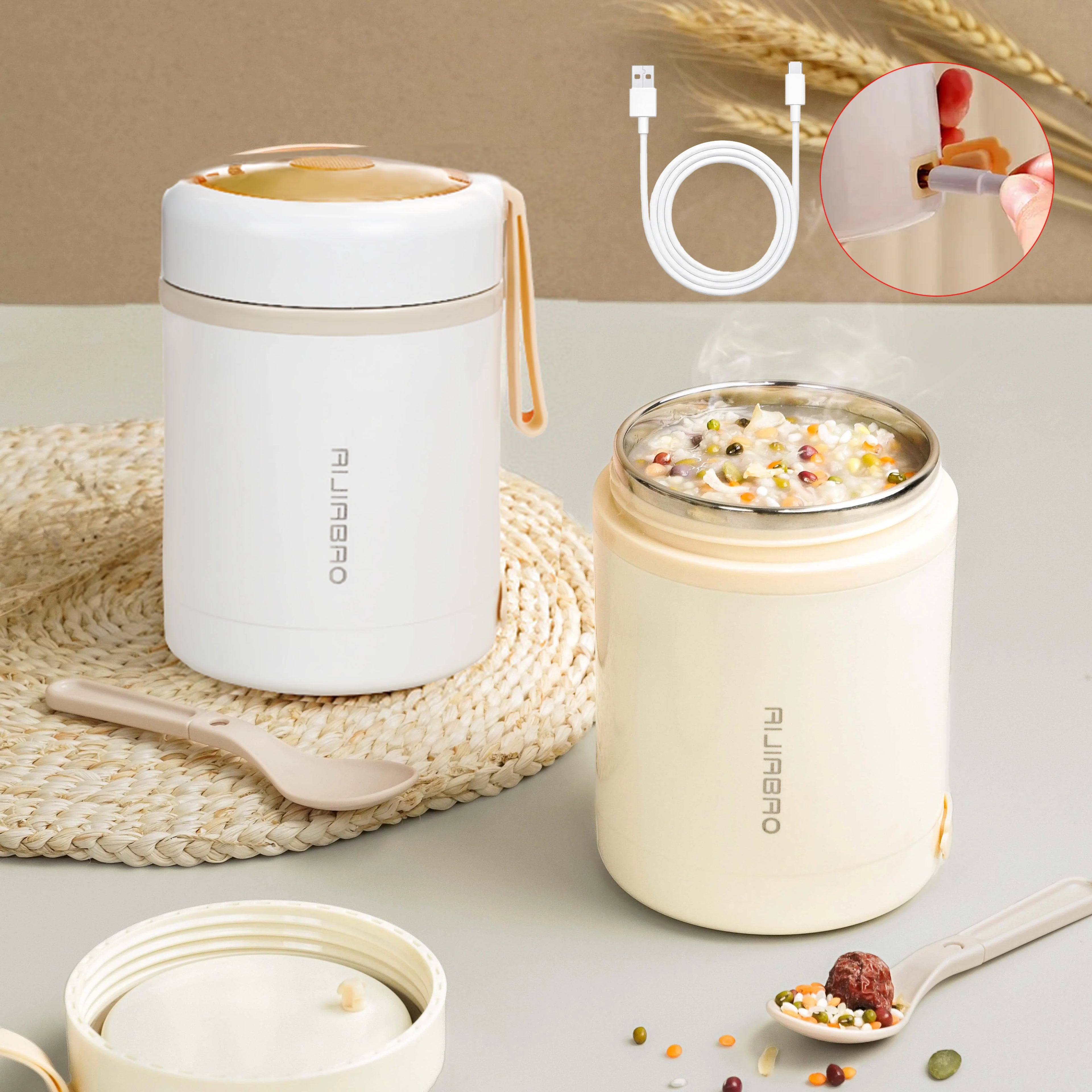 Fiambrera Eléctrica Calefactable USB de 600ML, Portátil para Picnic, Calentador de Leche y Alimentos, Contenedor Calentador de Alimentos de Acero Inoxidable 5V 12V 24V