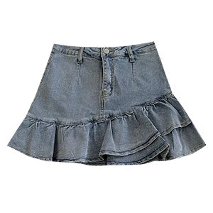 Personalized Asymmetrical Pleated Blue Denim Skirt High Waist Lining A-line Short Skirt Summer Fashion Hotsweet Women's Clothing
