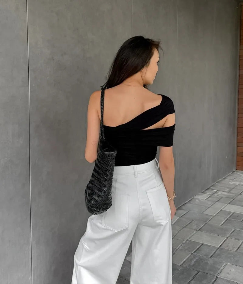 Trendix Black Bodycon Crop Tops For Women's 2026 Summer Off Shoulder Tank Top Street Slim Party Sexy Asymmetric Vacation Top
